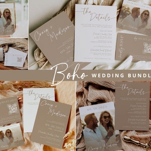 BOHO Hochzeitseinladungs-Set | Beige und Weiß Hochzeitseinladung Set | Minimalistische, moderne bearbeitbare Vorlage | RSVP QR Code Karte | Diy Karte