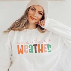 以下が含まれることがあります： カラフルで遊び心のある文字で「Sweater Weather」と書かれた白いスウェットシャツ。テキストには「Weather」という単語の上にピンクのハートが含まれています。スウェットシャツは長袖で、クルーネックです。