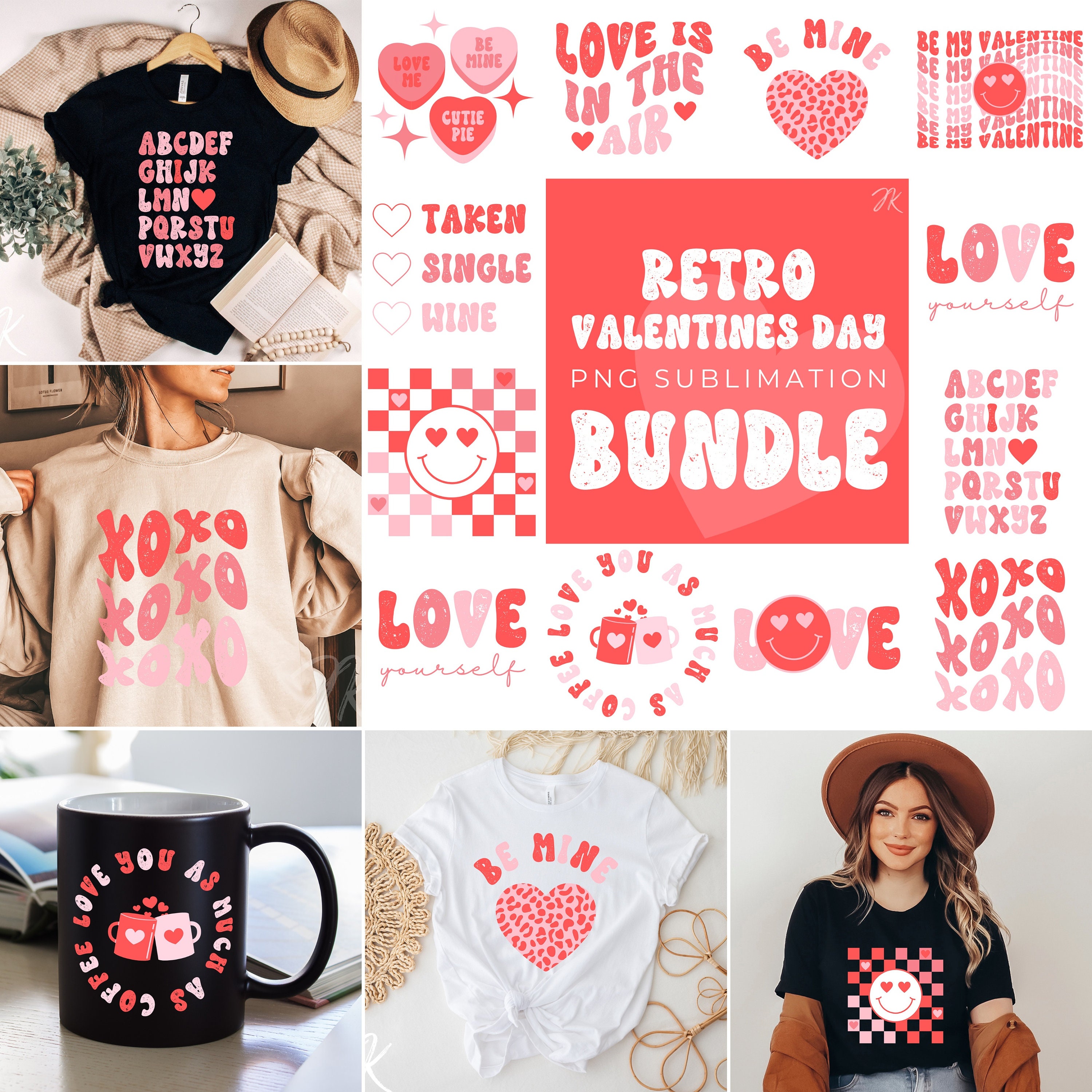 Retro Valentine PNG Bundle | Smiley | Hearts | Be Mine | Love | Xoxo ...