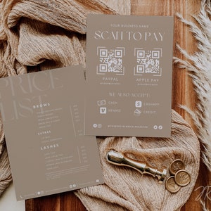 Scan to Pay Schild und Preisliste Vorlage | Preisübersicht | Boho druckbare | Bearbeitbares QR-Code-Zeichen | Akzeptierte Zahlung Zeichen | Boho Preisliste
