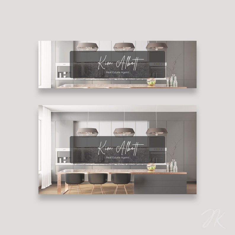 May include: A modern kitchen interior with a gray and white color scheme. The kitchen features a large island with a countertop made of marble. There are three black bar stools at the island. The text "Kim Albatt Real Estate Agent" is displayed on a black background.