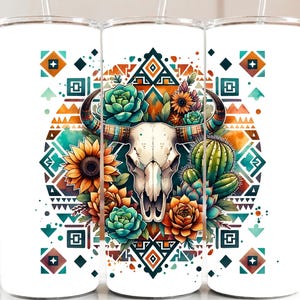 Boho Aztec Tumbler Wrap: Western Bull Skull, Cactus (PNG Digital File)
