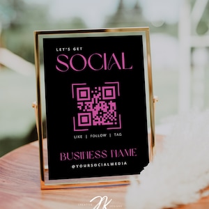 Pink & Black QR Code Social Media Sign Template (5x7 Printable)