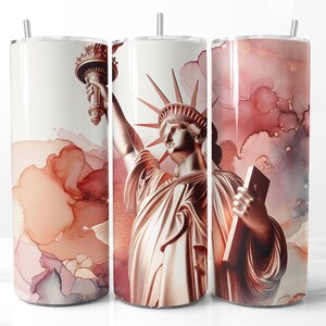 Tinta alcoólica Rose Gold Statue of Liberty 20 oz Skinny Tumbler Wrap, NYC Skyline Sublimation PNG, DIY patriótico feminino, download instantâneo