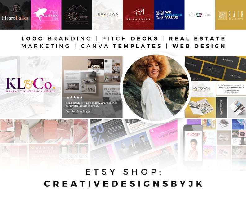 May include: An Etsy shop promotional image showcasing branding examples and design services. Text includes "Logo Branding," "Pitch Decks," and "Real Estate Marketing." The shop name "CREATIVEDESIGNSBYJK" is displayed, along with various logos.