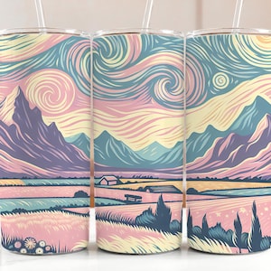 20 oz Skinny Tumbler Notte stellata Stile Van Gogh Montagne Paesaggio Tumbler Wrap Design Download digitale PNG SOLO DIGITALE istantaneo, regalo fai da te