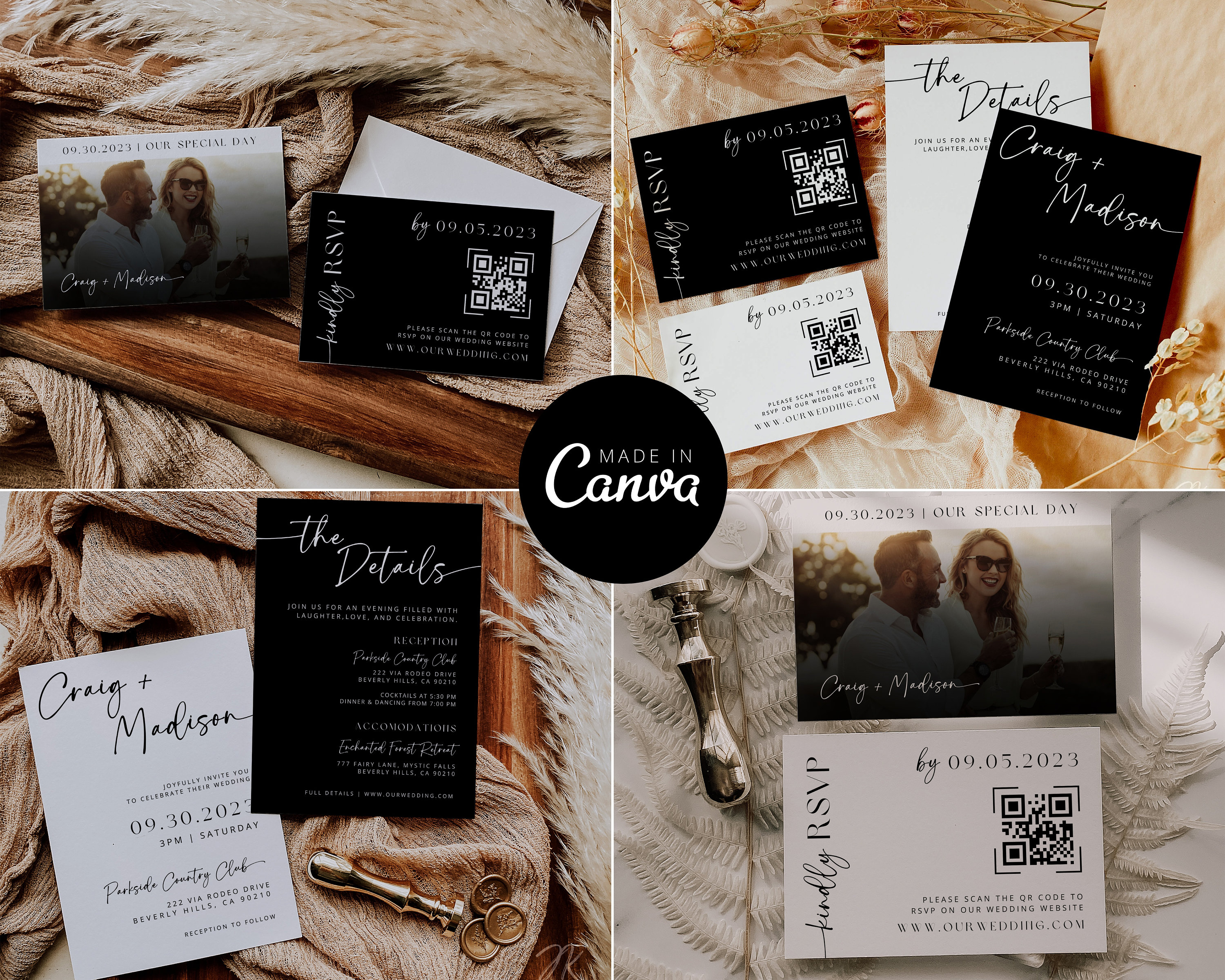 Plantilla de invitación de boda minimalista en blanco y negro: Plantilla editable de Canva (descarga digital)