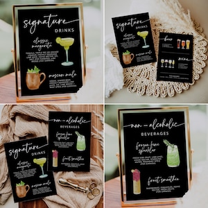 NOIR Enseigne à cocktail Signature | Modèle de menu de barre | Carte des boissons moderne | Mariage modifiable de style bohème | Menu de boissons sans alcool DIY