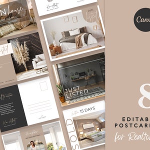 May include: A set of eight editable postcards for estate agents, showcasing modern home interiors. The postcards feature text that says "Open House", "Just Listed", and "Sold". The Canva logo is visible.