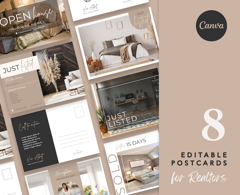 May include: A set of eight editable postcards for estate agents, showcasing modern home interiors. The postcards feature text that says "Open House", "Just Listed", and "Sold". The Canva logo is visible.