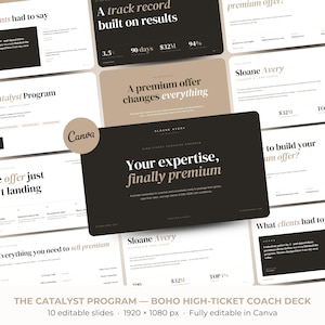 May include: A digital presentation deck titled The Catalyst Program, featuring ten editable slides in a black, white, and beige color palette. The slides display text about high-ticket coaching, including Sloane Avery, premium offers, and results.