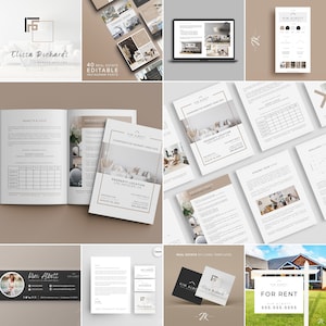 May include: A selection of real estate marketing materials, including brochures, social media posts, and business cards. The designs use a neutral colour palette with text such as "Coming Soon" and "For Rent". The overall theme is professional and modern.