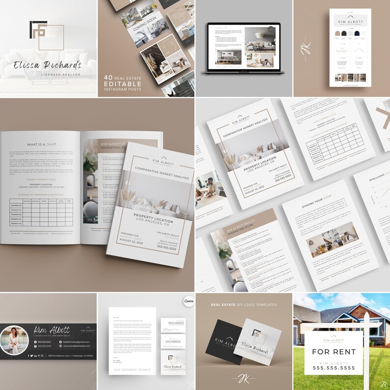 May include: A selection of real estate marketing materials, including brochures, social media posts, and business cards. The designs use a neutral colour palette with text such as "Coming Soon" and "For Rent". The overall theme is professional and modern.
