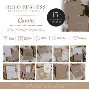 Pode incluir: Um pacote de modelos Boho Business para Canva, com uma variedade de modelos para proprietários de salões, artistas de cílios e marcas de beleza. O design inclui cartões de visita, listas de preços, faturas e vales-presente. A paleta de cores é neutra com bege e branco.