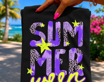 Preppy Summerween PNG | Purple Leopard Summer Design | Trendy Summerween Shirt PNG | Faux Glitter Halloween Summer Vibes | Digital Download
