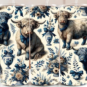 Blaue Chinoiserie Toile Highland Kühe 20 Unzen Skinny Tumbler Wrap, Bauernhaus Sublimation PNG, Vintage Country DIY Digital Download Geschenk für Sie