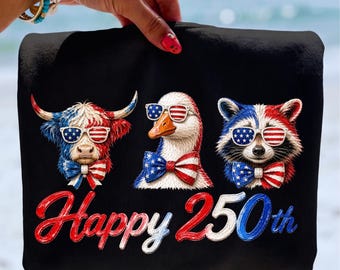 Patriotic Painted Animals PNG | Highland Cow Raccoon Silly Goose PNG | Happy 250th America PNG | Red White Blue Fourth of July Shirt Design
