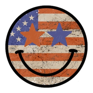 Retro American Flag Smiley Face PNG: 4th of July Sublimation