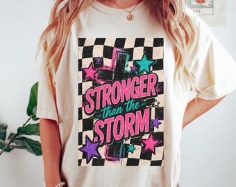 Stronger Than the Storm PNG | Retro Christian Quote PNG | Trendy Faith Shirt Design | Neon Checkerboard Christian PNG | Digital Download