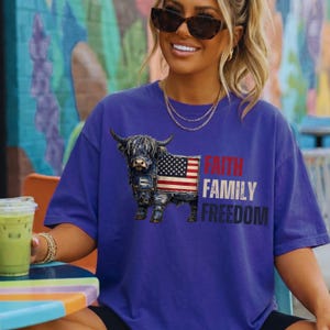 FAITH FAMILY FREEDOM Highland Cow Png Patriotic American Flag Faux Denim Patchwork Vintage Western Design Sublimation Shirt Design