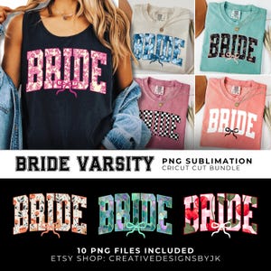 BRAUT Varsity Blumen Png-Bundle | Comfort Colors 1717 Shirt Design | Kokette Bogen Sublimation | Hochzeit für Cricut & DIY Geschenke | Digital