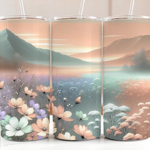 Pastell Wildblumen Berg Tumbler Wrap | 20 Unzen dünnes Sublimations-Design | Naturinspiriertes Geschenk für Outdoor-Liebhaber Tumbler Geschenk Basteln