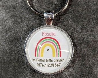 Schlüsselanhänger/Taschenanhänger "Notfall" mit Telefonnummer der Eltern - Regenbogen Motiv