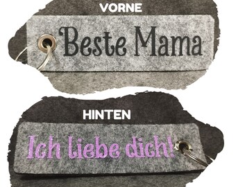 Schlüsselanhänger aus grauem Filz mit der Aufschrift 'Beste Mama' und 'Ich liebe dich' - Abverkauf