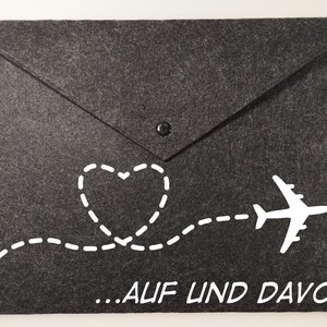 Dokumententasche DinA4 Filz – Auf und Davon mit Wohnwagen oder Flugzeug Motiv, Leicht und Robust, Perfekt für Unterlagen & Reisen