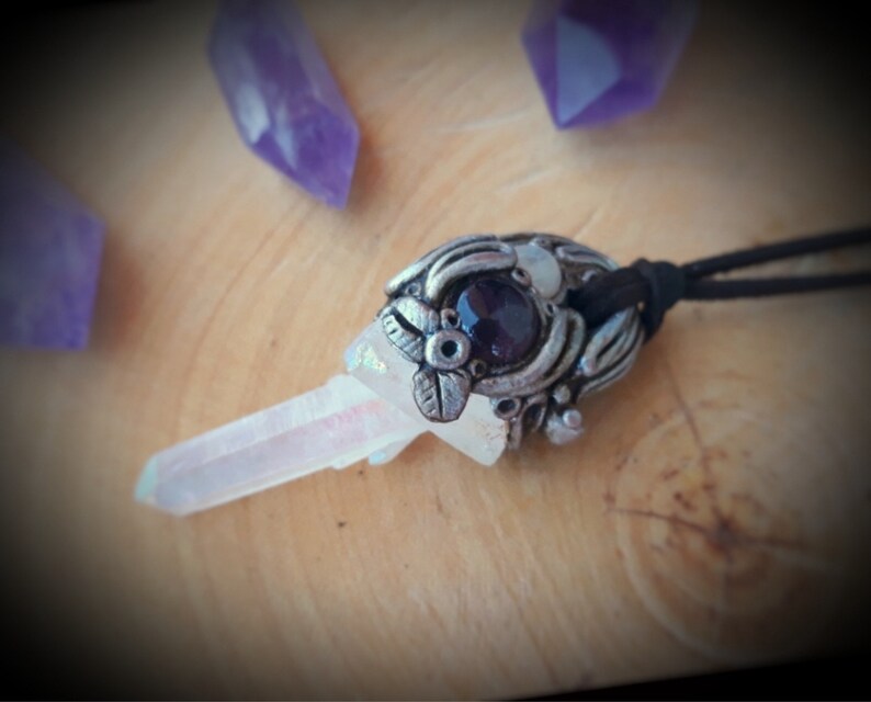 Aura Quartz Amethyst Rainbow Moonstone Polymer Clay Pendant Necklace