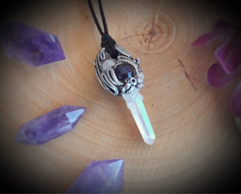 Aura Quartz Amethyst Rainbow Moonstone Polymer Clay Pendant Necklace