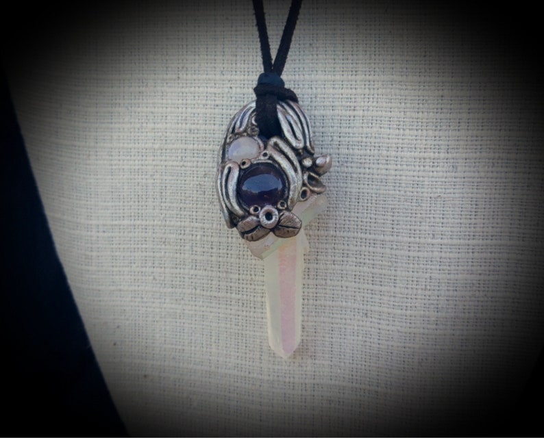 Aura Quartz Amethyst Rainbow Moonstone Polymer Clay Pendant Necklace