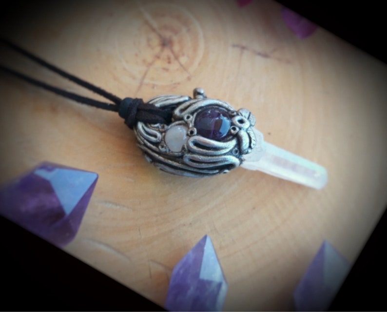 Aura Quartz Amethyst Rainbow Moonstone Polymer Clay Pendant Necklace