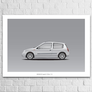 Puede incluir: Un coche Renault Sport Clio 172 plateado sobre un fondo gris. El coche está mirando hacia el lado izquierdo de la imagen.