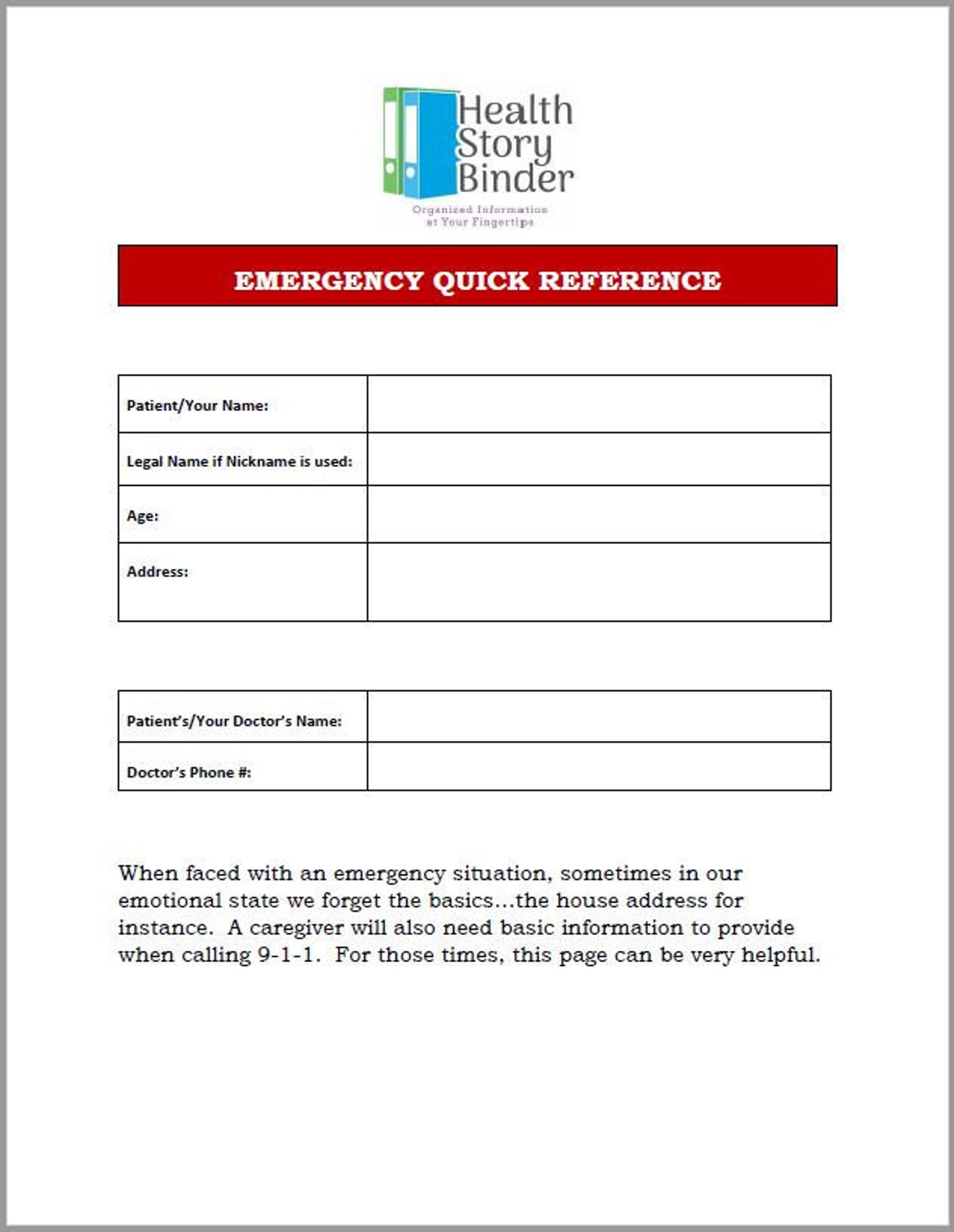 Emergency Quick Reference Template Etsy