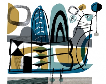 Abstracte vogelkunstprint, illustratie in mid-century modern stijl (Giclée)