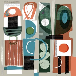 May include: Abstract geometric art print featuring a combination of green, blue, orange and brown shapes. The shapes are layered and overlapping, creating a sense of depth and movement.