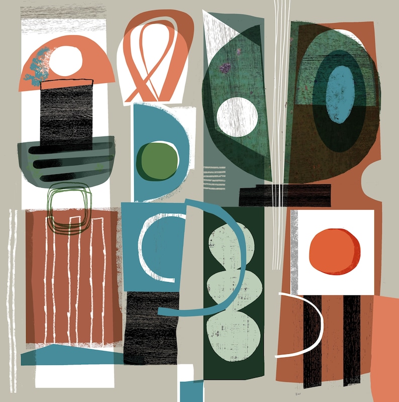 May include: Abstract geometric art print featuring a combination of green, blue, orange and brown shapes. The shapes are layered and overlapping, creating a sense of depth and movement.