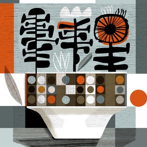 May include: A white ceramic planter with a geometric pattern in shades of brown, orange, and blue. The planter is decorated with stylised black and white plant illustrations.