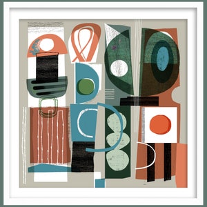 May include: Abstract geometric art print featuring a combination of green, blue, orange, and black shapes against a light grey background.