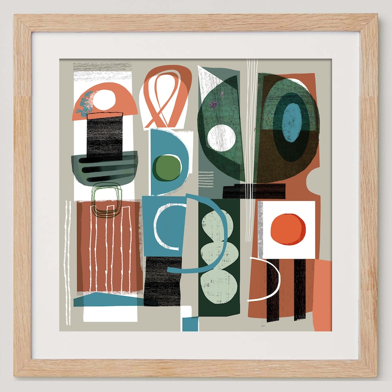 May include: Abstract geometric art print featuring a combination of shapes and colours, including green, blue, red, and white. The print has a modern and minimalist style.
