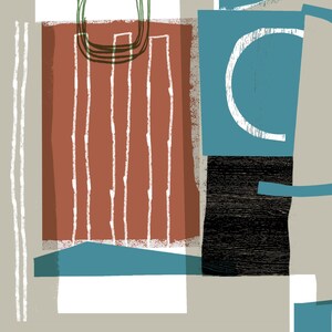 May include: Abstract geometric art print featuring a brown, white, black and blue colour scheme. The print incorporates a variety of shapes and lines.