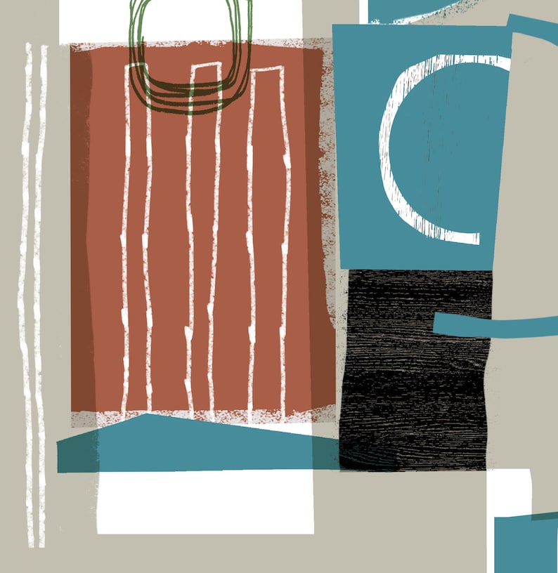 May include: Abstract geometric art print featuring a brown, white, black and blue colour scheme. The print incorporates a variety of shapes and lines.