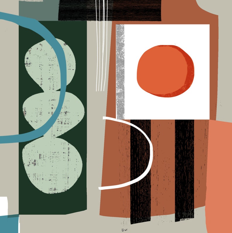 May include: Abstract geometric art print featuring a green, blue, white, orange and brown colour scheme. The print includes a series of overlapping circles and rectangles.