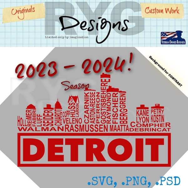 Detroit Hockey Team Skyline Names Graphic