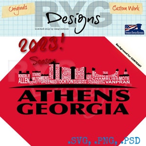 May include: Red and black graphic design featuring the text "ATHENS GEORGIA" in a bold font. The text is surrounded by a cityscape silhouette with the names of various streets and neighborhoods. The design includes the text "2023! Season" and "Background for Contrast".
