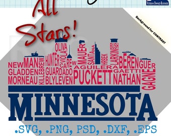Minnesota Pro Baseball Team Mineapolis Skyline Names Graphic
