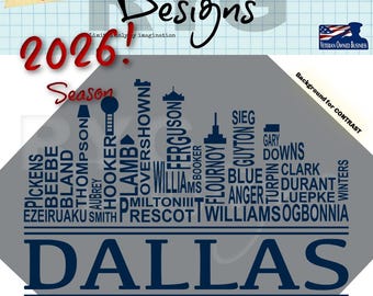 Gráfico con los nombres de los equipos de fútbol americano profesional y el horizonte de la ciudad de Dallas.