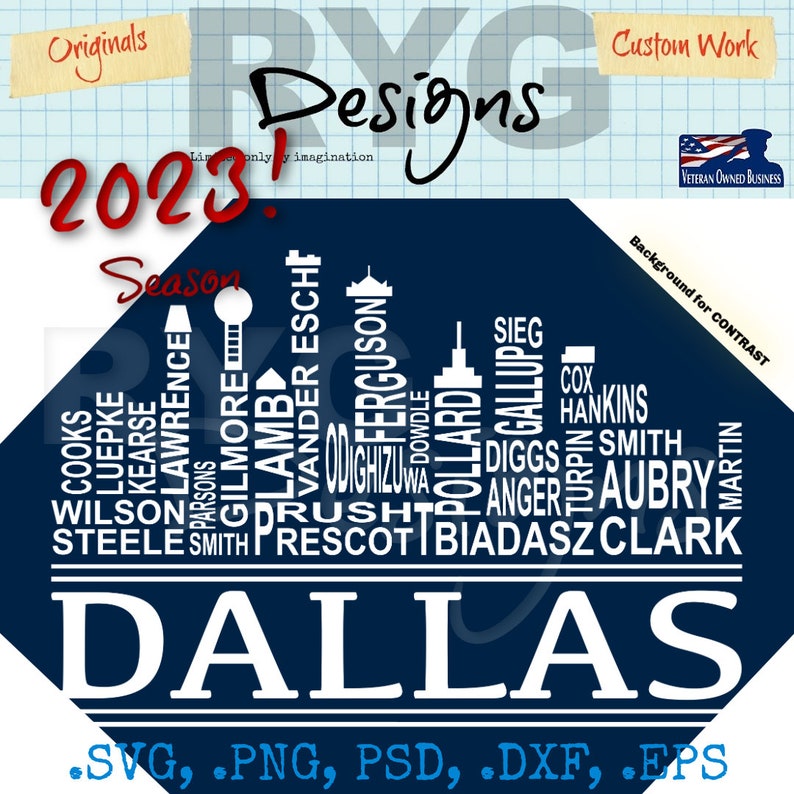 Dallas City Skyline Pro Football Team Names Graphic image 4
