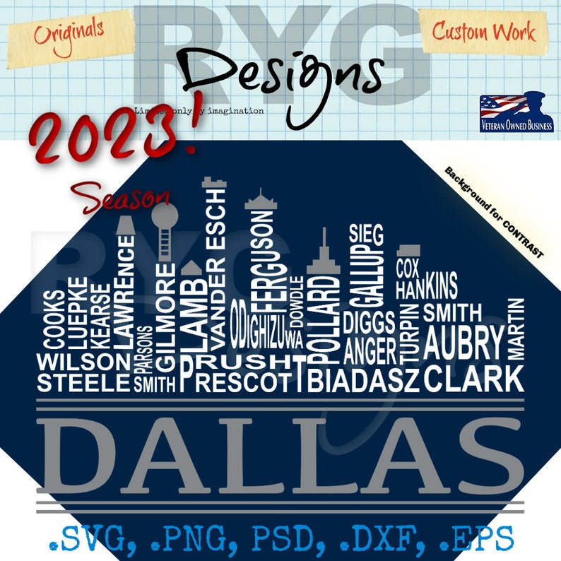 Dallas City Skyline Pro Football Team Names Graphic image 3